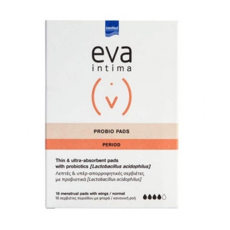 Intermed Eva Intima Probio Pads Period Λεπτές - Υπερ Απορροφητικές Σερβιέτες με Προβιοτικά Lactobacillus Acidophilus 18 Τεμάχια